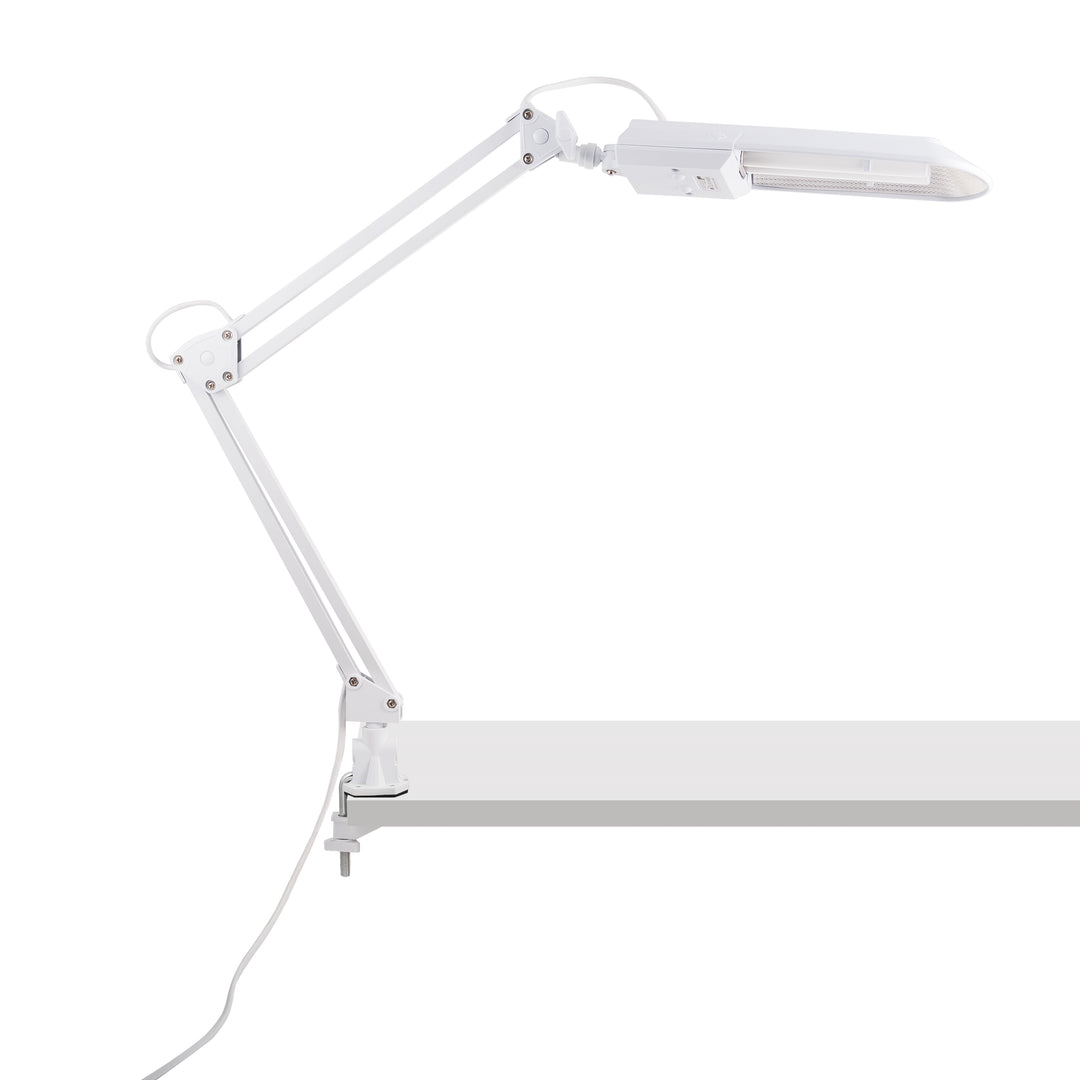 Derma UVB mounted to a table using the horizontal clamp by Care Lamps